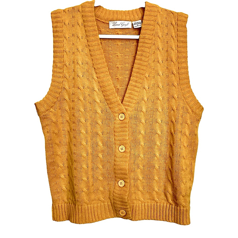 Laura Galley V-Neck Button Front Knit Mustard Yellow Preppy Grandma Sweater Vest